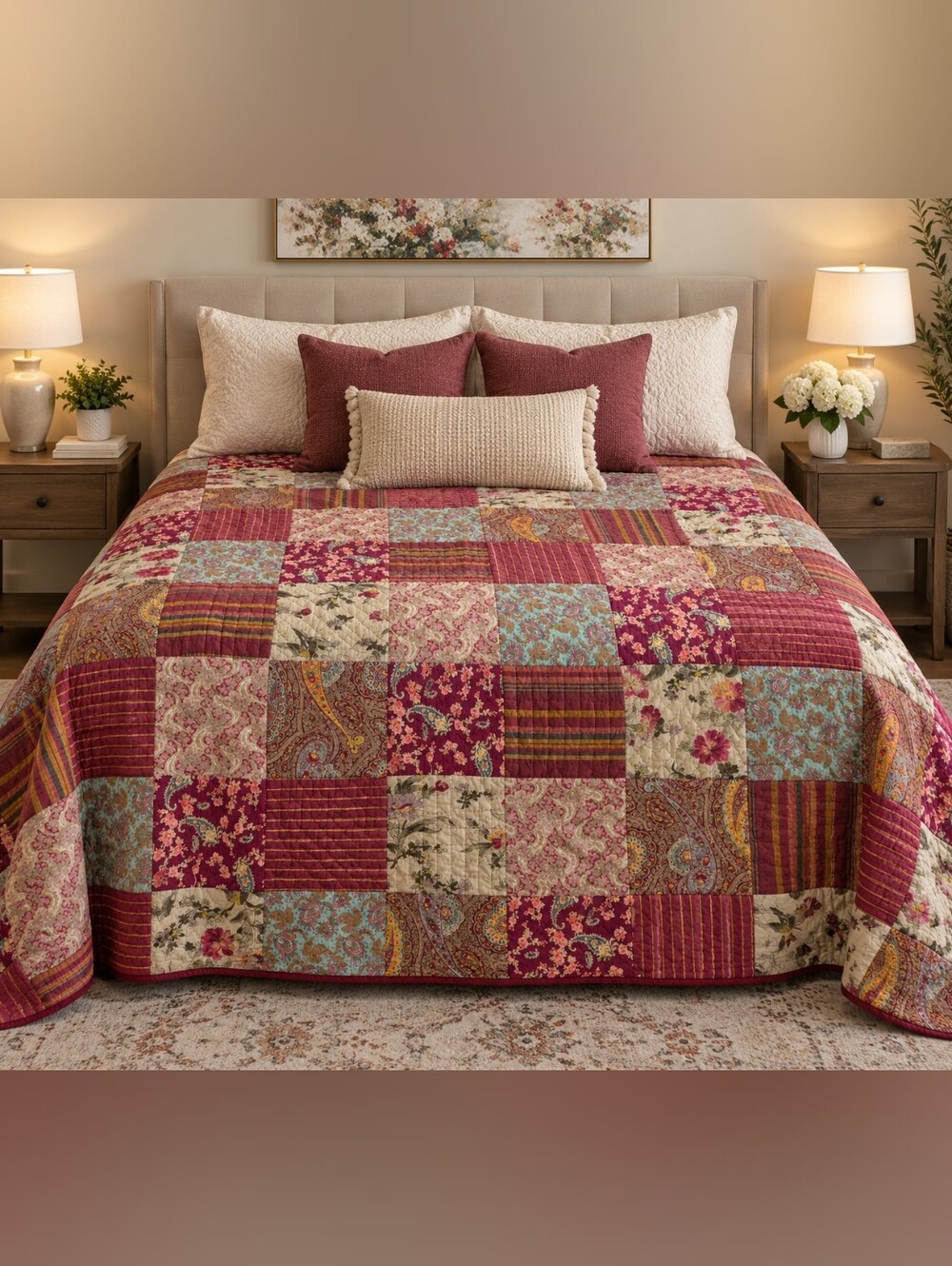 Handmaid Quilted Patchwork Bedspread in Burgundy and Cream